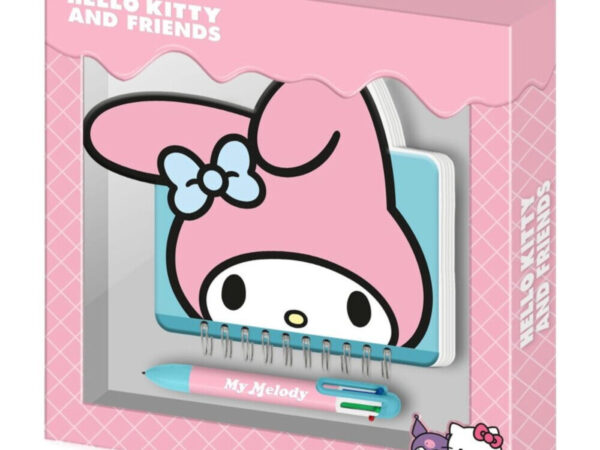 Compre o Conjunto de Diário e Caneta My Melody Hello Kitty and Friends. Diário em espiral com capa dura kawaii e caneta retrátil de 6 cores. Ideal para fãs!