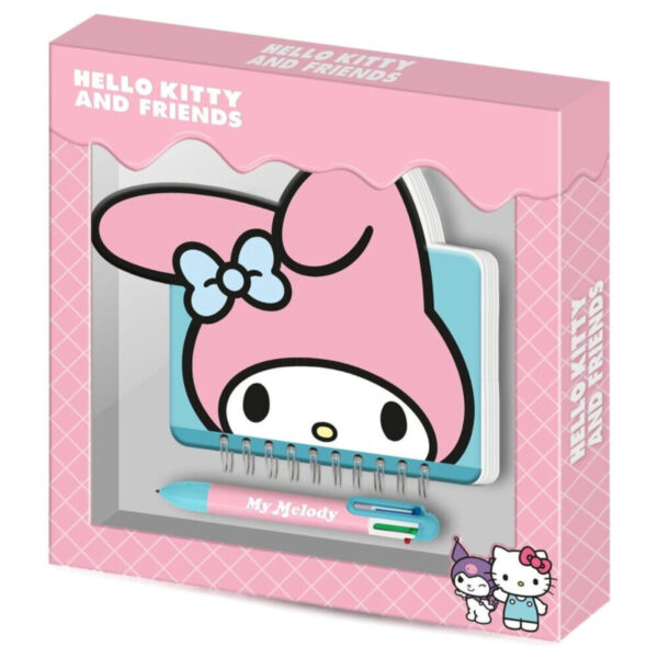 Compre o Conjunto de Diário e Caneta My Melody Hello Kitty and Friends. Diário em espiral com capa dura kawaii e caneta retrátil de 6 cores. Ideal para fãs!