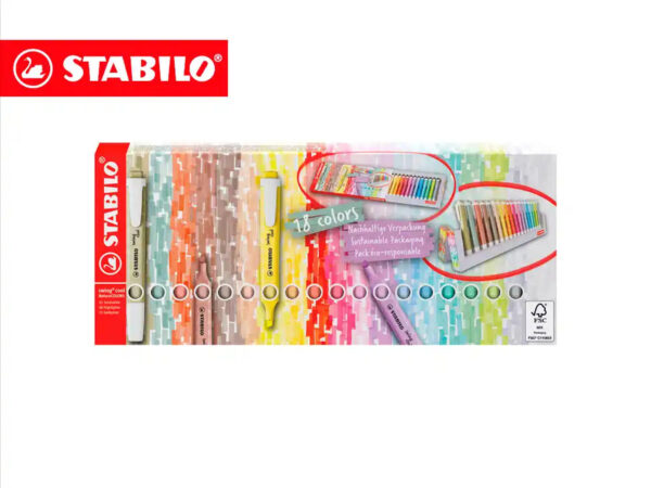 marcadores de texto STABILO swing cool deskset com 18 cores sobre a secretária.