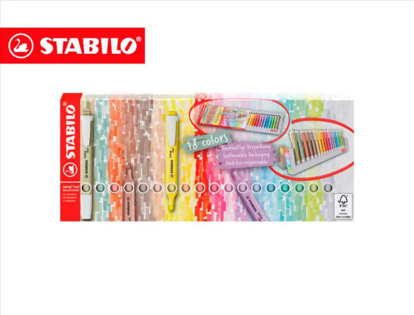 marcadores de texto STABILO swing cool deskset com 18 cores sobre a secretária. marcadores de texto STABILO swing cool deskset com 18 cores sobre a secretária.