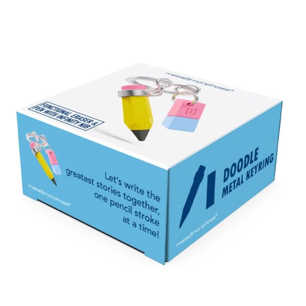 A embalagem vetorial protege o Porta-chaves Lápis Infinito e Borracha Metalmorphose através de um berço moldado. Por outro lado, o verso da caixa do Porta-chaves Lápis Infinito e Borracha Metalmorphose apresenta uma mensagem inspiradora dedicada a quem escreve histórias.