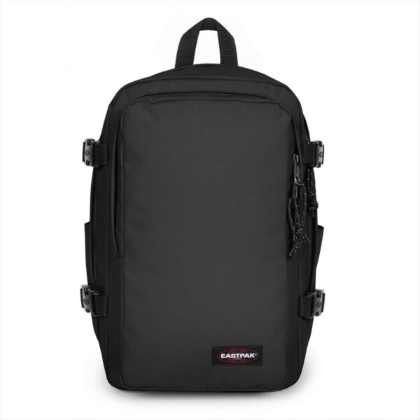 196011991922 Mochila Eastpak Travelpack preta de 42 litros com correias de compressão laterais vista de frente.