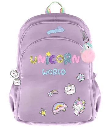 Mochila escolar Unicorn World da marca Ambar em tom roxo com patches decorativos de unicórnio e arco-íris.