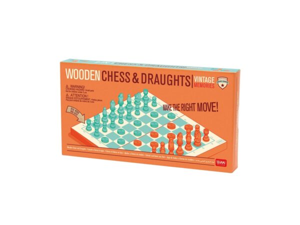 Embalagem vintage do Jogo de Xadrez e Damas Legami Wooden em tons de laranja