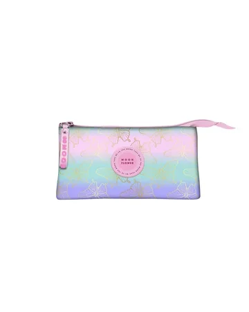 Estojo escolar retangular triplo Ambar Moonflower com padrão degradê pastel e borboletas douradas.