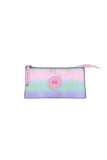 Estojo escolar retangular triplo Ambar Moonflower com padrão degradê pastel e borboletas douradas.