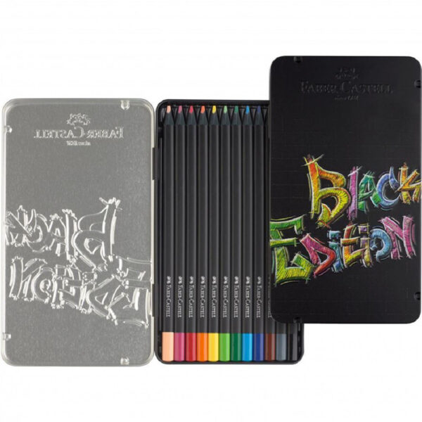 Lápis Black Edition Faber-Castell 12 unidades na caixa metálica sobre a mesa 4005401164135