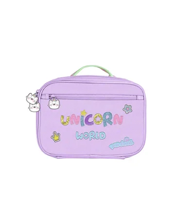 Saco lanche térmico Unicorn World da Ambar em tom roxo com pega superior e fecho decorado com gatinho.