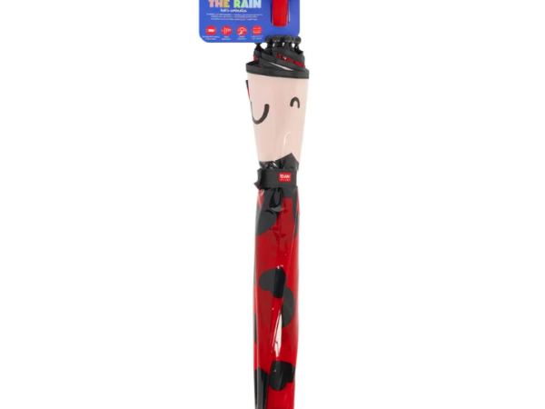Guarda-chuva infantil Legami com tema de joaninha totalmente fechado e compactado