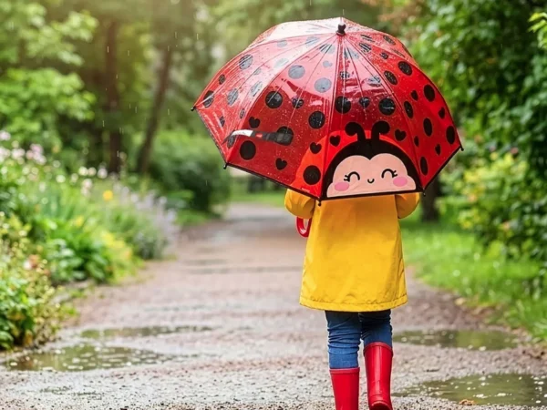 Criança a caminhar à chuva a segurar o guarda-chuva infantil Legami transparente