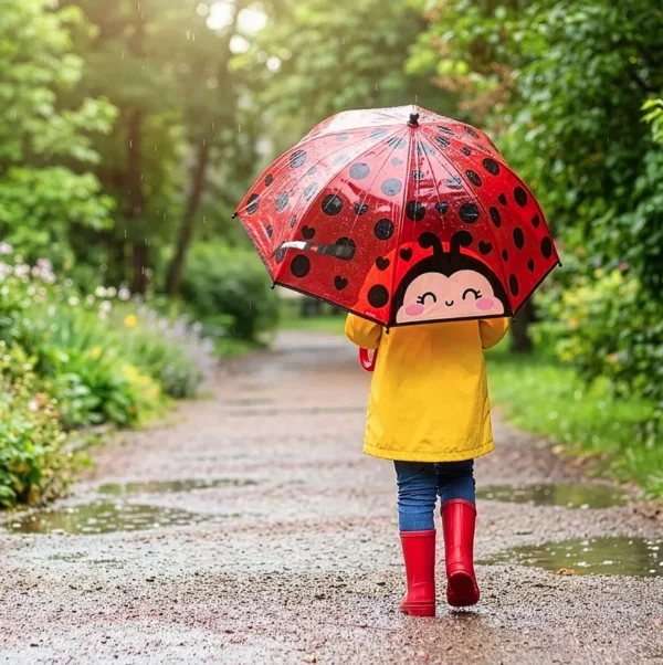 Criança a caminhar à chuva a segurar o guarda-chuva infantil Legami transparente