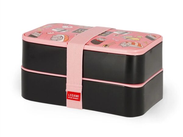 Lancheira Sushi Cat Legami de dois andares preta e rosa