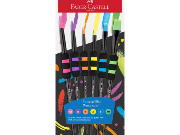 Compre o conjunto de pincéis escolares faber castell soft touch. Pack de 6 unidades com pontas redondas e chatas, pega ergonómica de espuma e cerdas sintéticas.4005404816222
