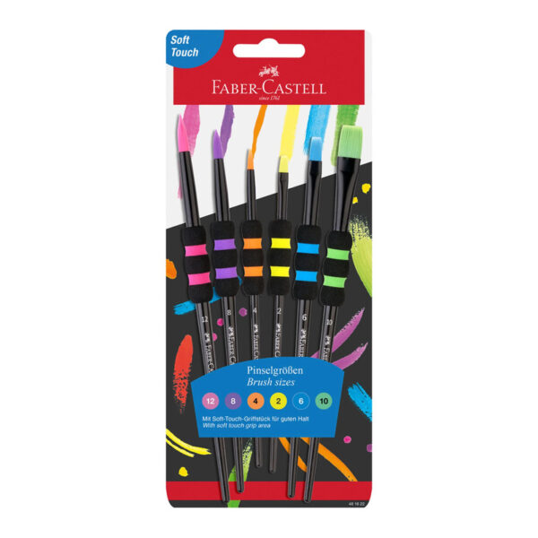 Compre o conjunto de pincéis escolares faber castell soft touch. Pack de 6 unidades com pontas redondas e chatas, pega ergonómica de espuma e cerdas sintéticas.4005404816222 Compre o conjunto de pincéis escolares faber castell soft touch. Pack de 6 unidades com pontas redondas e chatas, pega ergonómica de espuma e cerdas sintéticas.4005404816222