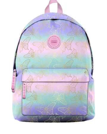 Mochila escolar juvenil Ambar Gold Wings Teen Moonflower com padrão de borboletas douradas sobre fundo degradê pastel.