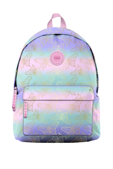 Mochila escolar juvenil Ambar Gold Wings Teen Moonflower com padrão de borboletas douradas sobre fundo degradê pastel.