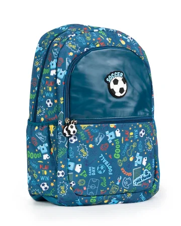 Mochila escolar Soccer Boy da Ambar em tons de azul com padrão de futebol e patch em relevo de bola.