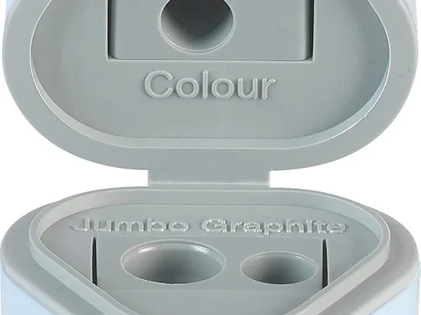 Apara-lápis triplo depósito Faber-Castell Grip 2001 azul aberto mostrando os três furos e as lâminas de precisão