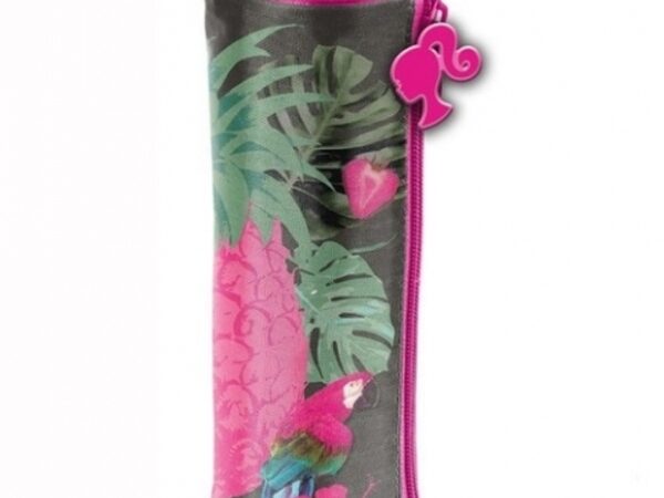 Estojo Tubo Paso Barbie cilíndrico com padrão rosa oficial da boneca.5903162072012