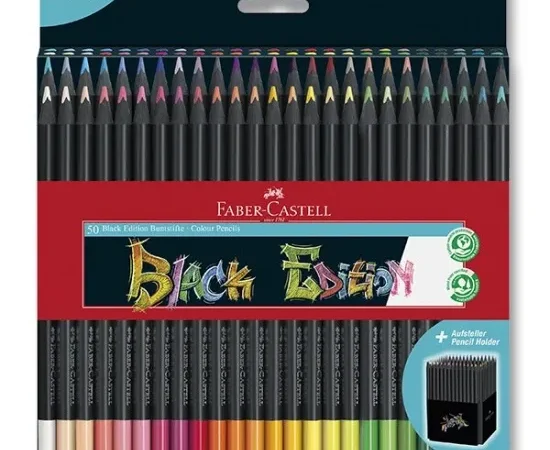 Caixa de lápis de cor Faber-Castell Black Edition com doze unidades sobrepostos.