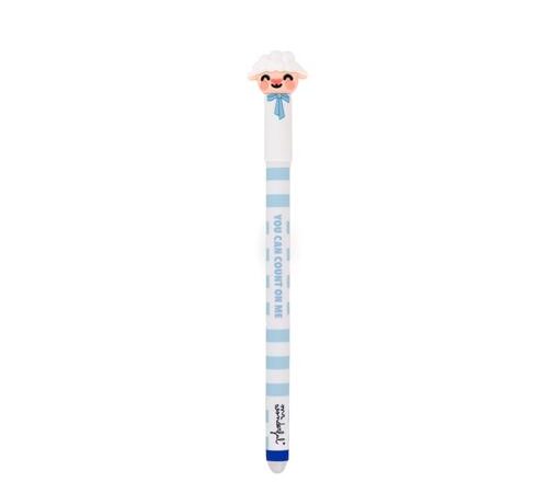 Caneta apagável Mr. Wonderful de tinta azul inspirada na Ovelha Loli. Por isso, o modelo exibe o boneco do animal no topo e o corpo decorado com mensagem.