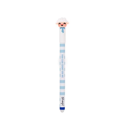 Caneta apagável Mr. Wonderful de tinta azul inspirada na Ovelha Loli. Por isso, o modelo exibe o boneco do animal no topo e o corpo decorado com mensagem.