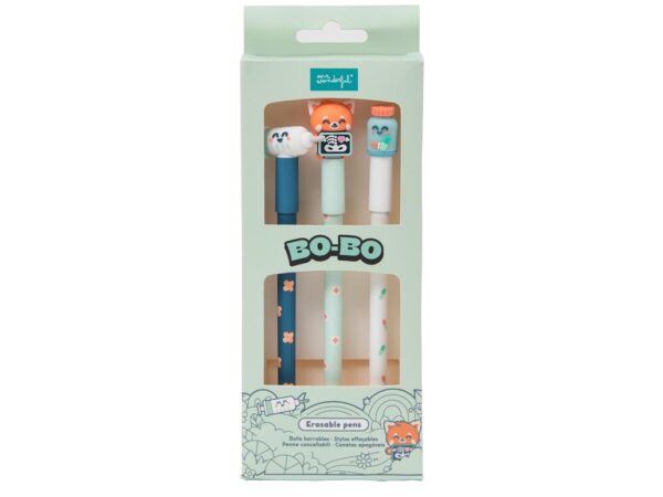 Conjunto de 3 canetas apagáveis Mr. Wonderful com o tema de Saúde. Por isso, o kit exibe os bonecos da injeção, do medicamento e do panda.