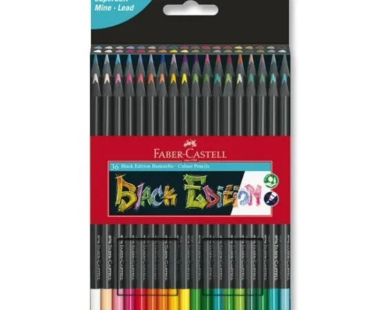 Caixa de lápis de cor Faber-Castell Black Edition com doze unidades sobrepostos.