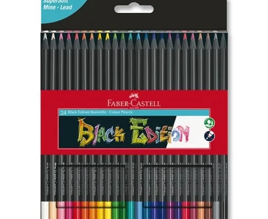 Caixa de lápis de cor Faber-Castell Black Edition com doze unidades sobrepostos.