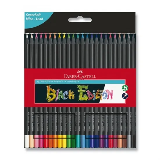 Caixa de lápis de cor Faber-Castell Black Edition com doze unidades sobrepostos.