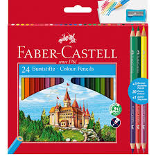 Caixa de cartão com os lápis de cor faber-castell de 24 unidades mais três lápis bicolor. Por isso, a embalagem exibe com clareza o afia incluído e os desenhos do castelo.