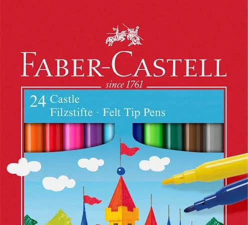 Caixa de cartão com as canetas de feltro faber-castell de 24 unidades. Por isso, a embalagem exibe com clareza toda a variedade de cores disponíveis e o logótipo oficial.