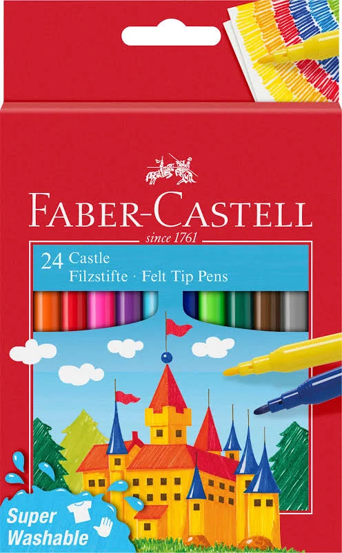 4005405542021 Caixa de cartão com as canetas de feltro faber-castell de 24 unidades. Por isso, a embalagem exibe com clareza toda a variedade de cores disponíveis e o logótipo oficial.